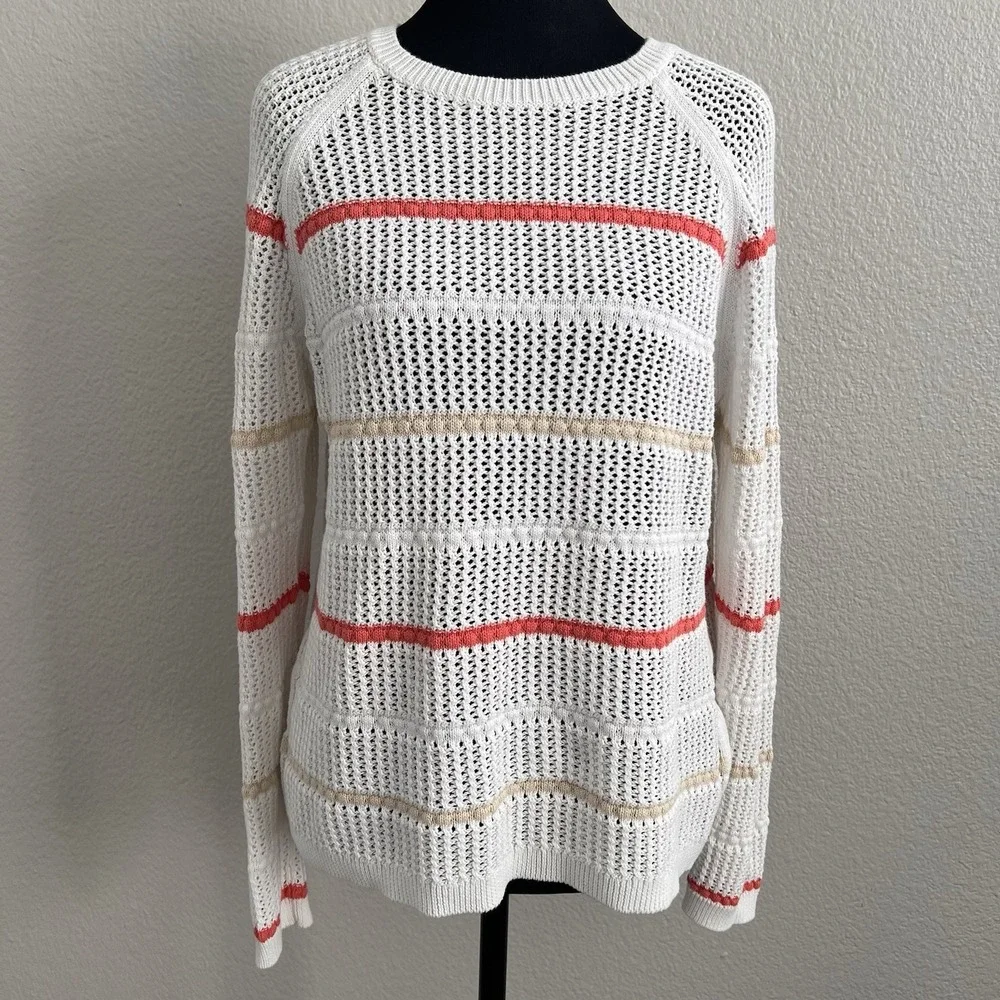 Womens Medium Open Knit Sweater Stripe Lightweight Crew Neck Coastal Casual boh